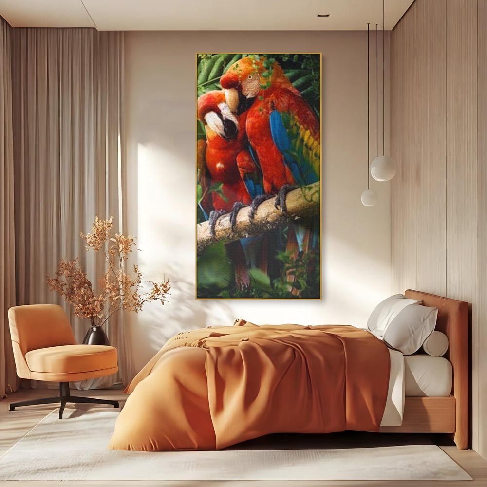 Leinwand Wandkunst Leinwand Wandkunst Premium, LuxCanva® M1041, Paradies Ecke, Papageien, Paar, Dschungel, Exoten, Zweig, Blätter, Amazonas, Vögel, Büro, Wohnen, Babyzimmer