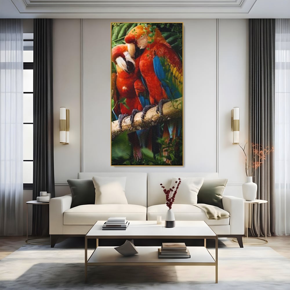 Leinwand Wandkunst Leinwand Wandkunst Premium, LuxCanva® M1041, Paradies Ecke, Papageien, Paar, Dschungel, Exoten, Zweig, Blätter, Amazonas, Vögel, Büro, Wohnen, Babyzimmer