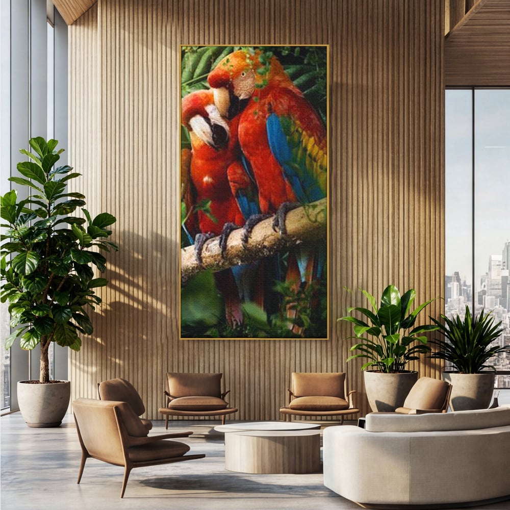 Leinwand Wandkunst Leinwand Wandkunst Premium, LuxCanva® M1041, Paradies Ecke, Papageien, Paar, Dschungel, Exoten, Zweig, Blätter, Amazonas, Vögel, Büro, Wohnen, Babyzimmer