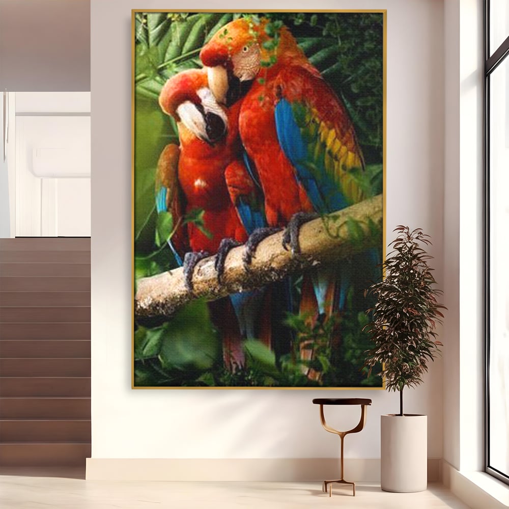 Leinwand Wandkunst Leinwand Wandkunst Premium, LuxCanva® M1041, Paradies Ecke, Papageien, Paar, Dschungel, Exoten, Zweig, Blätter, Amazonas, Vögel, Büro, Wohnen, Babyzimmer