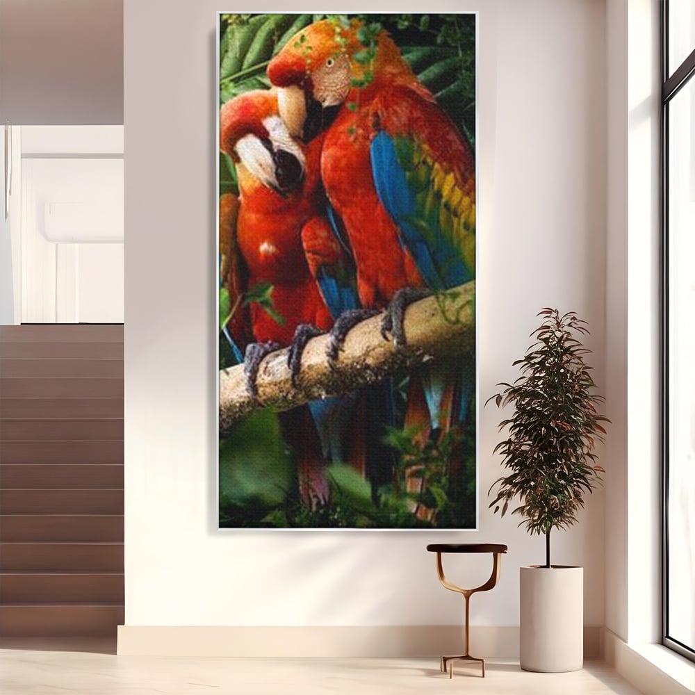 Leinwand Wandkunst Leinwand Wandkunst Premium, LuxCanva® M1041, Paradies Ecke, Papageien, Paar, Dschungel, Exoten, Zweig, Blätter, Amazonas, Vögel, Büro, Wohnen, Babyzimmer
