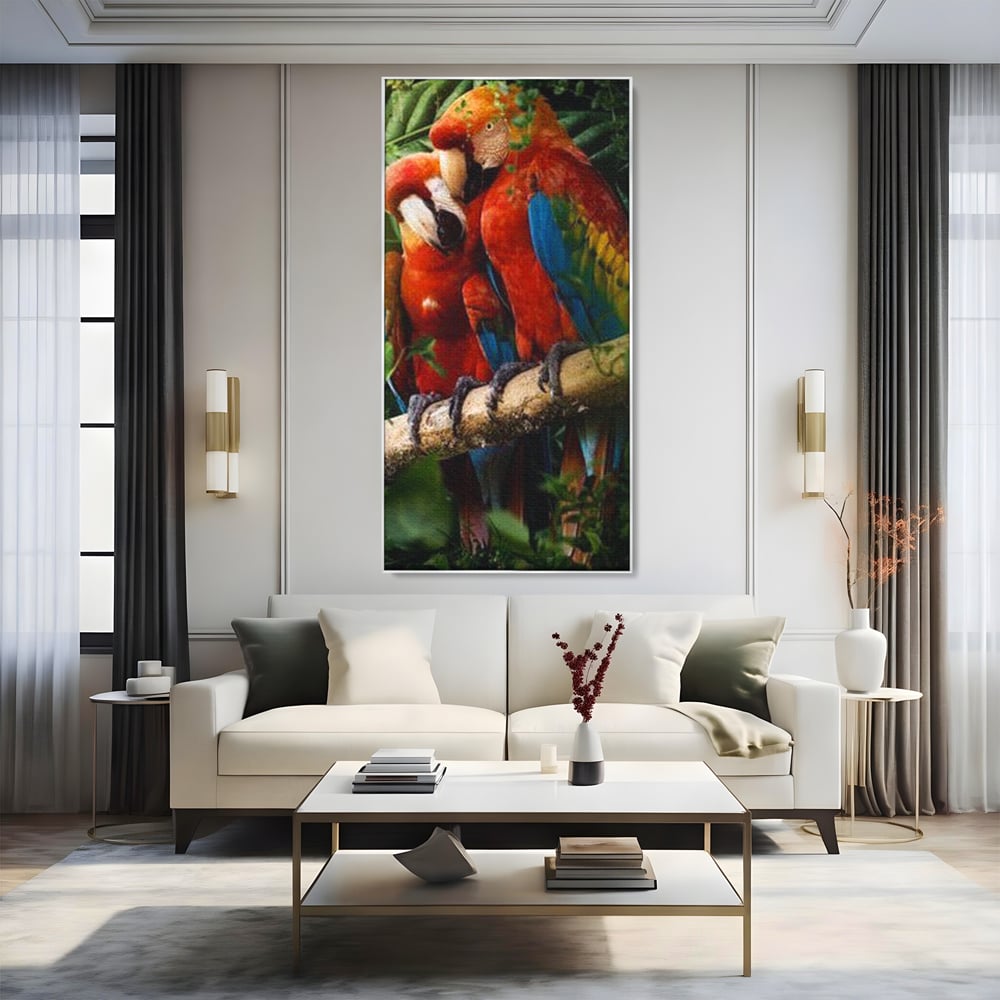 Leinwand Wandkunst Leinwand Wandkunst Premium, LuxCanva® M1041, Paradies Ecke, Papageien, Paar, Dschungel, Exoten, Zweig, Blätter, Amazonas, Vögel, Büro, Wohnen, Babyzimmer