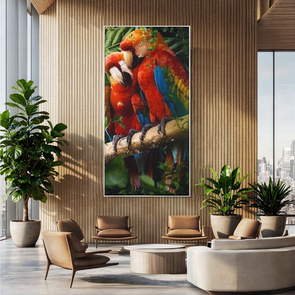 Leinwand Wandkunst Leinwand Wandkunst Premium, LuxCanva® M1041, Paradies Ecke, Papageien, Paar, Dschungel, Exoten, Zweig, Blätter, Amazonas, Vögel, Büro, Wohnen, Babyzimmer