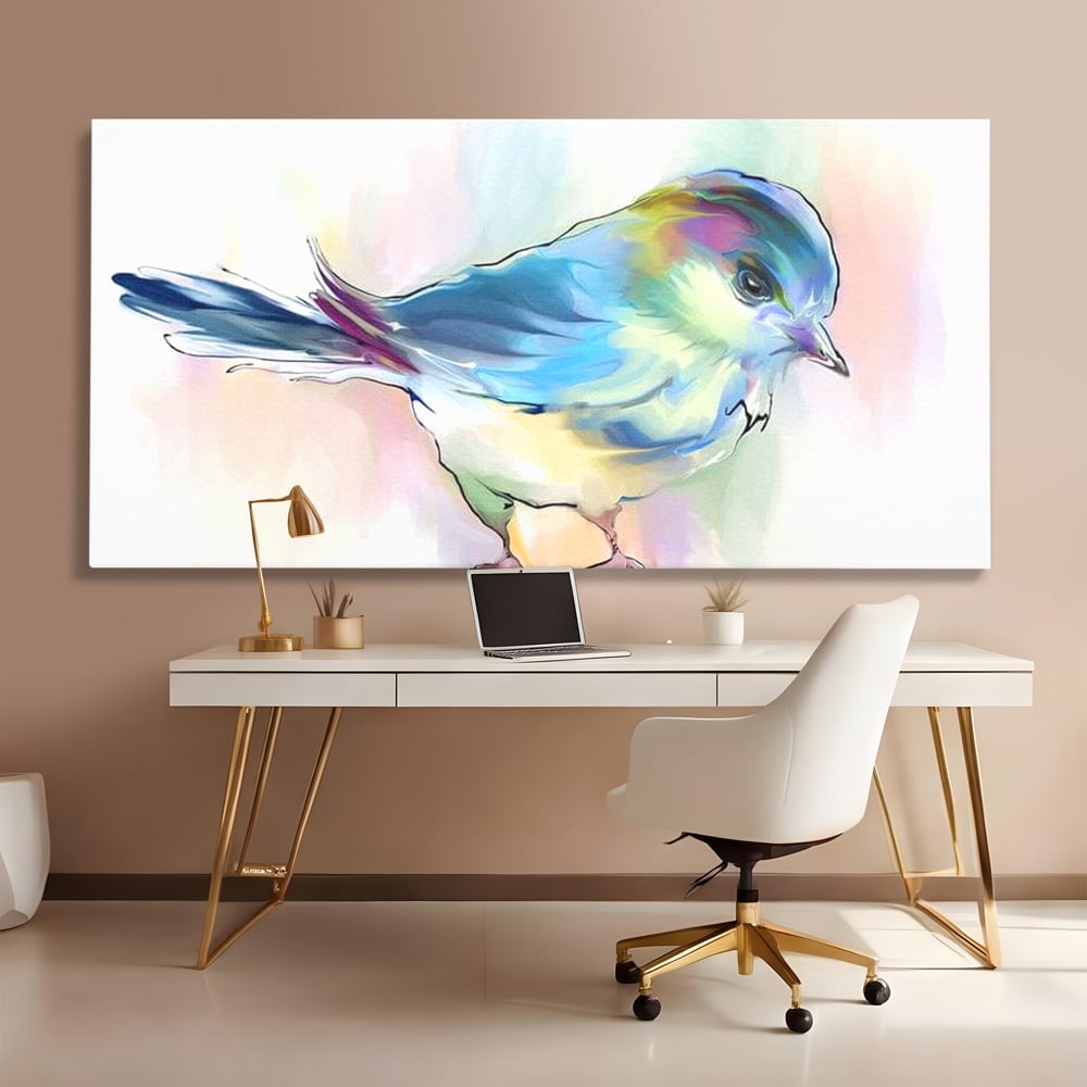 Tablou Canvas Premium, LuxCanva® M1042, Satin in Acuarela, Pasare, Pastel, Acuarela, Dragalas, Mic, Desen, Puritate, Inocenta, Delicat, Birou, Living, Camera Copil