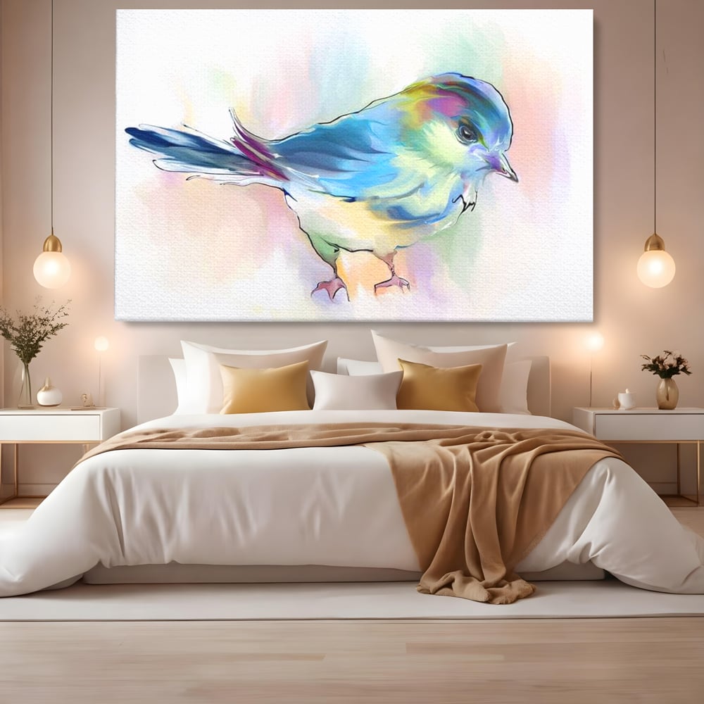 Tablou Canvas Premium, LuxCanva® M1042, Satin in Acuarela, Pasare, Pastel, Acuarela, Dragalas, Mic, Desen, Puritate, Inocenta, Delicat, Birou, Living, Camera Copil
