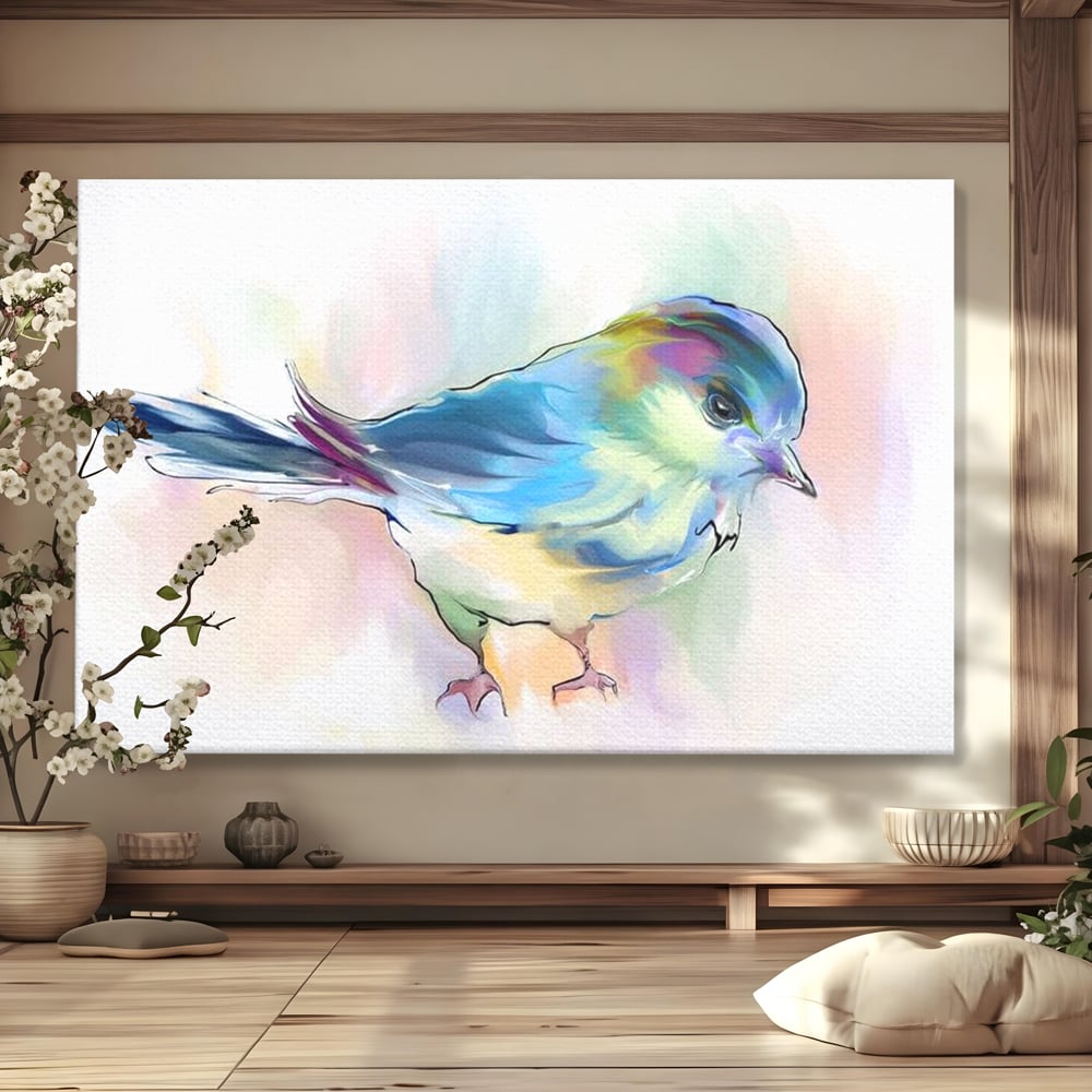 Tablou Canvas Premium, LuxCanva® M1042, Satin in Acuarela, Pasare, Pastel, Acuarela, Dragalas, Mic, Desen, Puritate, Inocenta, Delicat, Birou, Living, Camera Copil