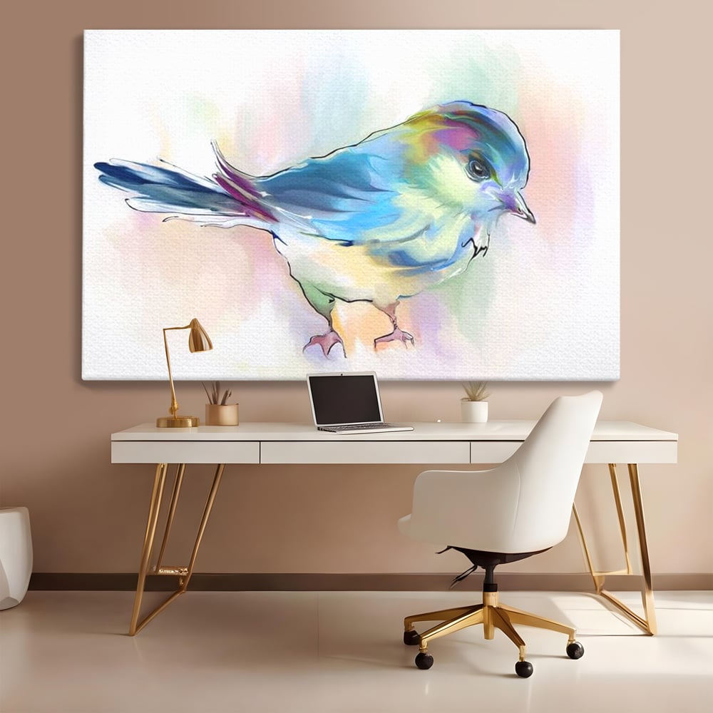 Tablou Canvas Premium, LuxCanva® M1042, Satin in Acuarela, Pasare, Pastel, Acuarela, Dragalas, Mic, Desen, Puritate, Inocenta, Delicat, Birou, Living, Camera Copil
