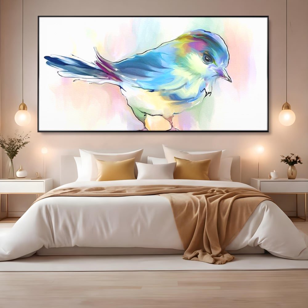 Tablou Canvas Premium, LuxCanva® M1042, Satin in Acuarela, Pasare, Pastel, Acuarela, Dragalas, Mic, Desen, Puritate, Inocenta, Delicat, Birou, Living, Camera Copil