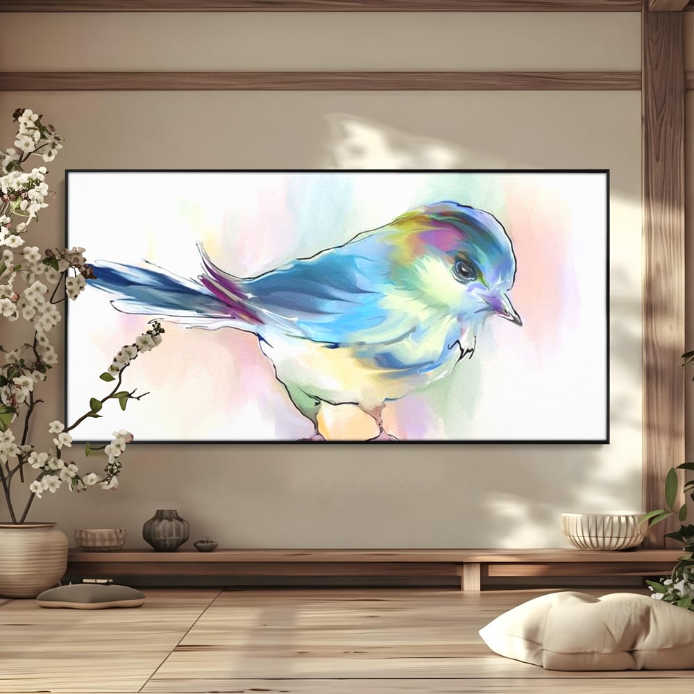 Tablou Canvas Premium, LuxCanva® M1042, Satin in Acuarela, Pasare, Pastel, Acuarela, Dragalas, Mic, Desen, Puritate, Inocenta, Delicat, Birou, Living, Camera Copil