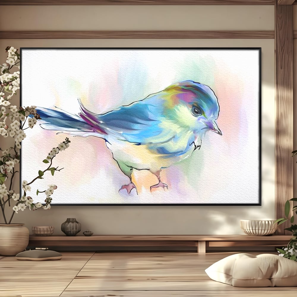 Tablou Canvas Premium, LuxCanva® M1042, Satin in Acuarela, Pasare, Pastel, Acuarela, Dragalas, Mic, Desen, Puritate, Inocenta, Delicat, Birou, Living, Camera Copil