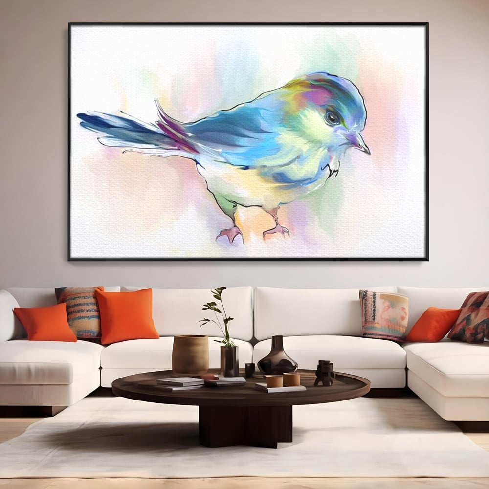 Tablou Canvas Premium, LuxCanva® M1042, Satin in Acuarela, Pasare, Pastel, Acuarela, Dragalas, Mic, Desen, Puritate, Inocenta, Delicat, Birou, Living, Camera Copil