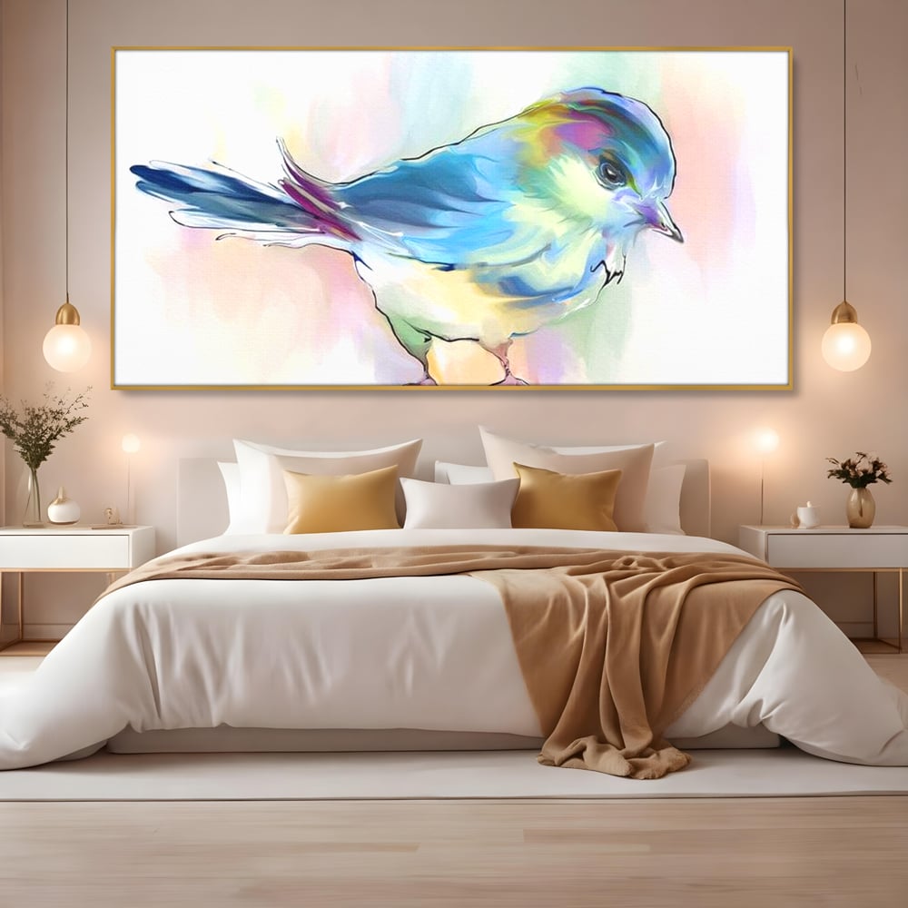 Tablou Canvas Premium, LuxCanva® M1042, Satin in Acuarela, Pasare, Pastel, Acuarela, Dragalas, Mic, Desen, Puritate, Inocenta, Delicat, Birou, Living, Camera Copil