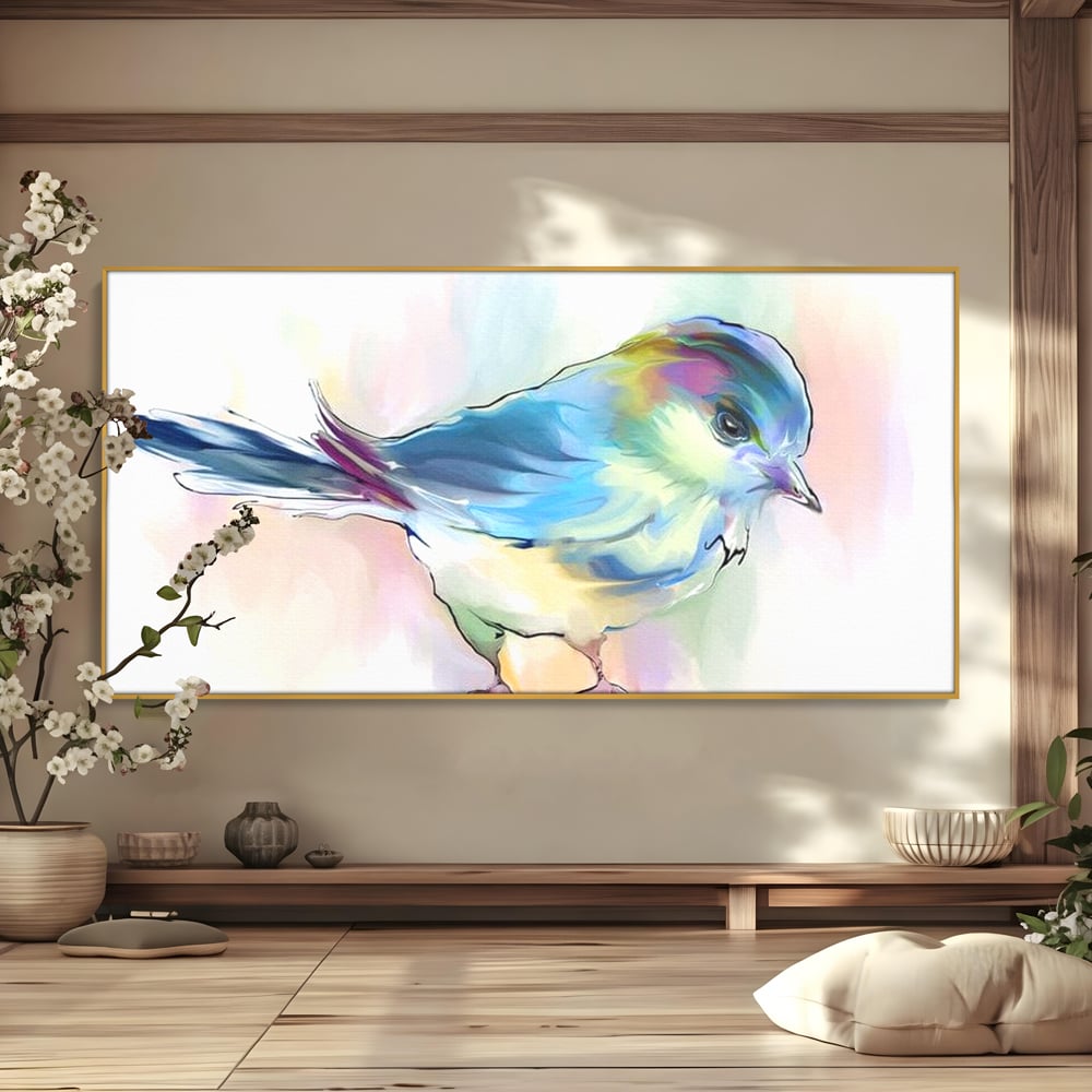 Tablou Canvas Premium, LuxCanva® M1042, Satin in Acuarela, Pasare, Pastel, Acuarela, Dragalas, Mic, Desen, Puritate, Inocenta, Delicat, Birou, Living, Camera Copil