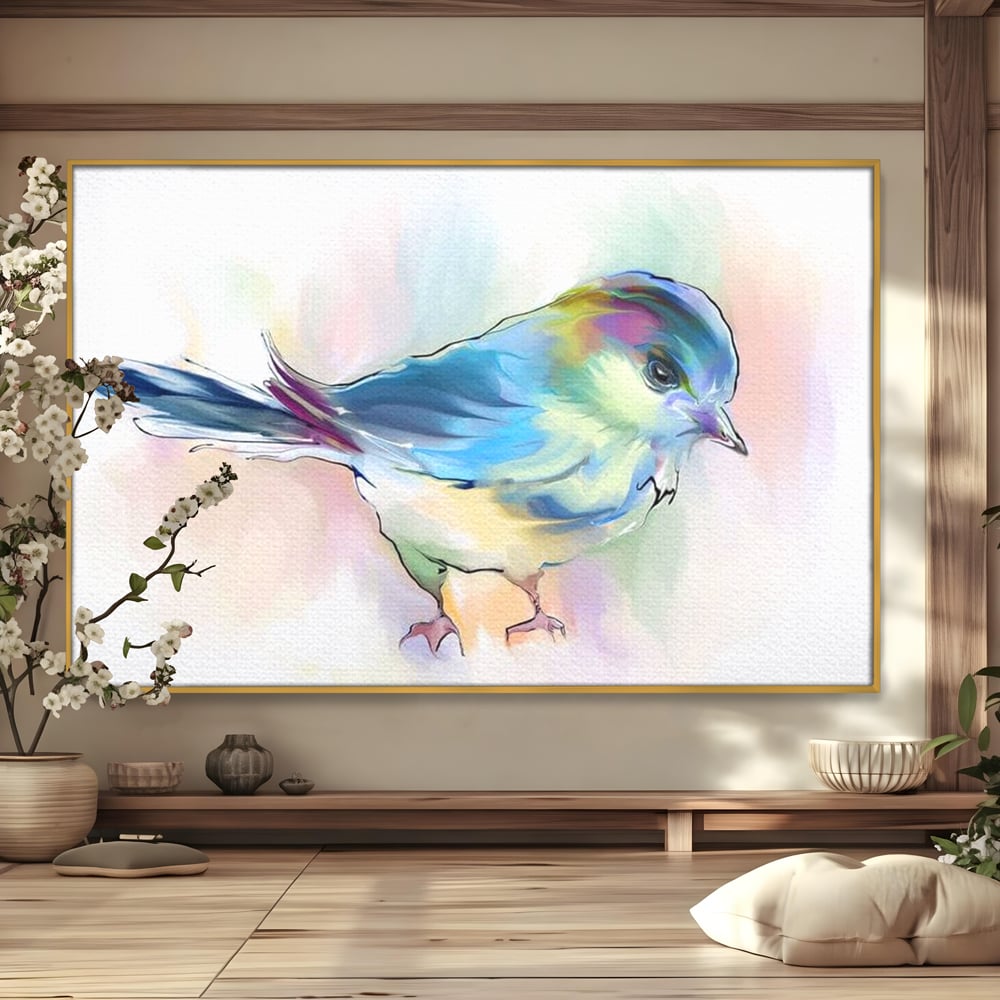 Tablou Canvas Premium, LuxCanva® M1042, Satin in Acuarela, Pasare, Pastel, Acuarela, Dragalas, Mic, Desen, Puritate, Inocenta, Delicat, Birou, Living, Camera Copil