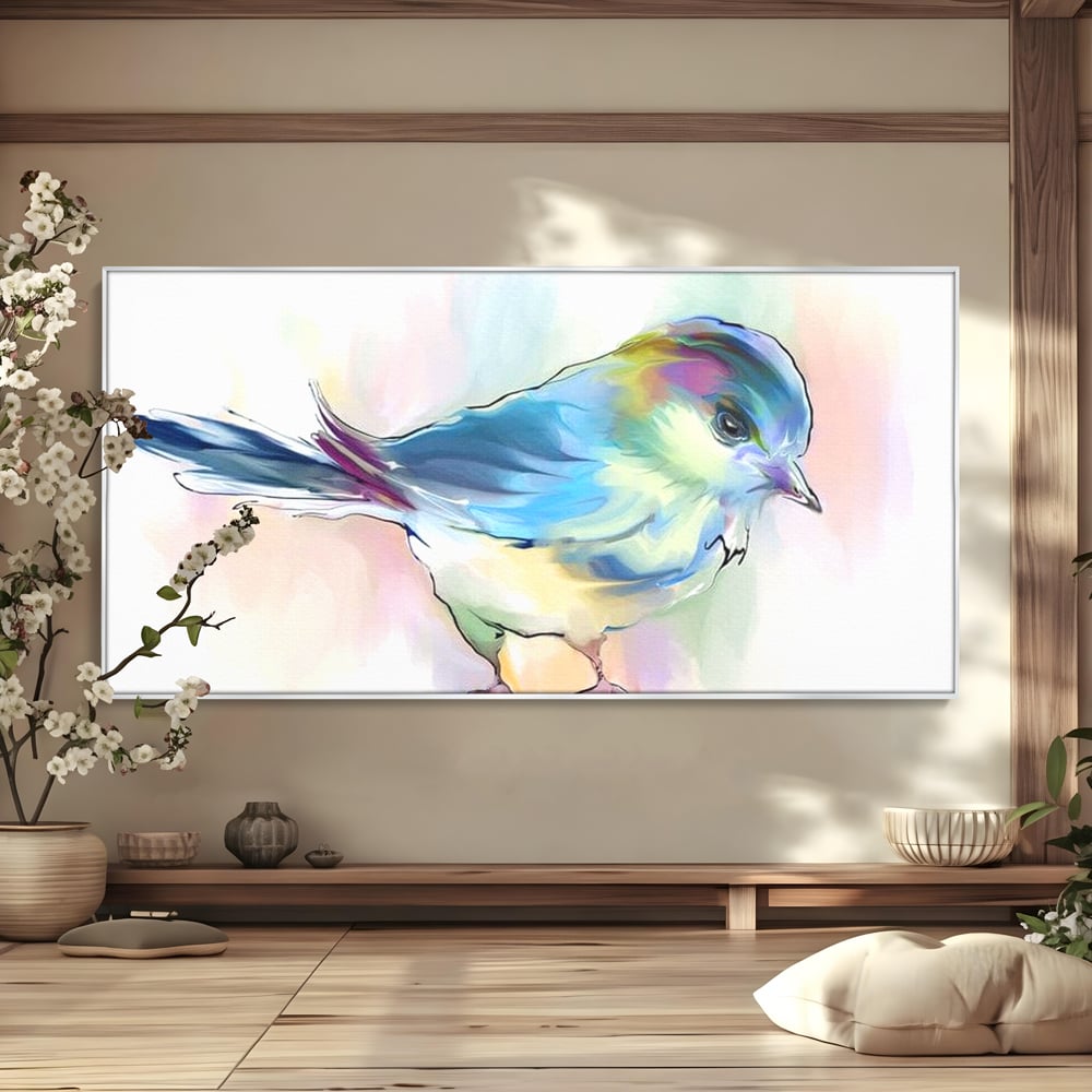Tablou Canvas Premium, LuxCanva® M1042, Satin in Acuarela, Pasare, Pastel, Acuarela, Dragalas, Mic, Desen, Puritate, Inocenta, Delicat, Birou, Living, Camera Copil
