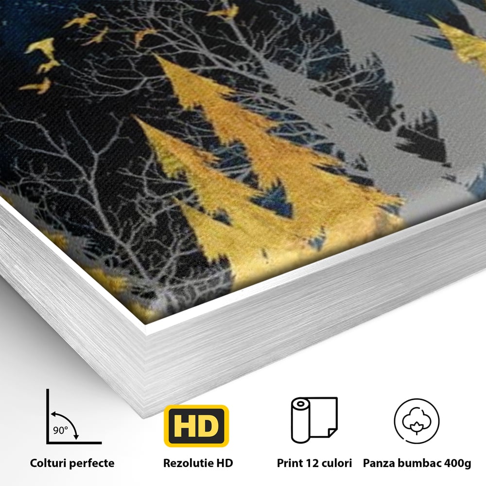 Tablou Canvas Premium, LuxCanva® M1043, Aur in Noapte, Padure, Pasari, Zbor, Copaci, Noapte, Auriu, Stele, Cer, Luna, Magie, Mister, Vis, Birou, Living, Camera Copil