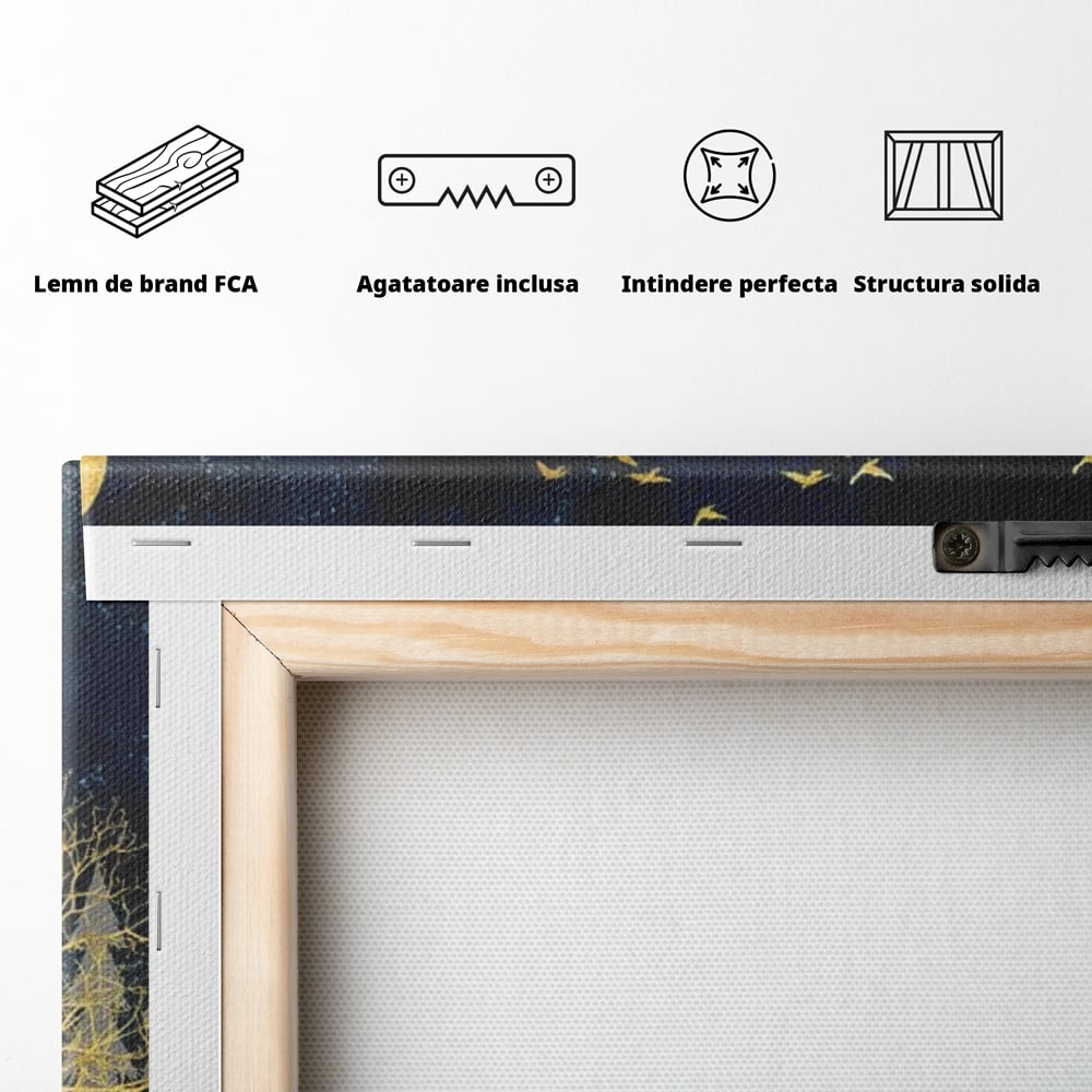 Tablou Canvas Premium, LuxCanva® M1043, Aur in Noapte, Padure, Pasari, Zbor, Copaci, Noapte, Auriu, Stele, Cer, Luna, Magie, Mister, Vis, Birou, Living, Camera Copil