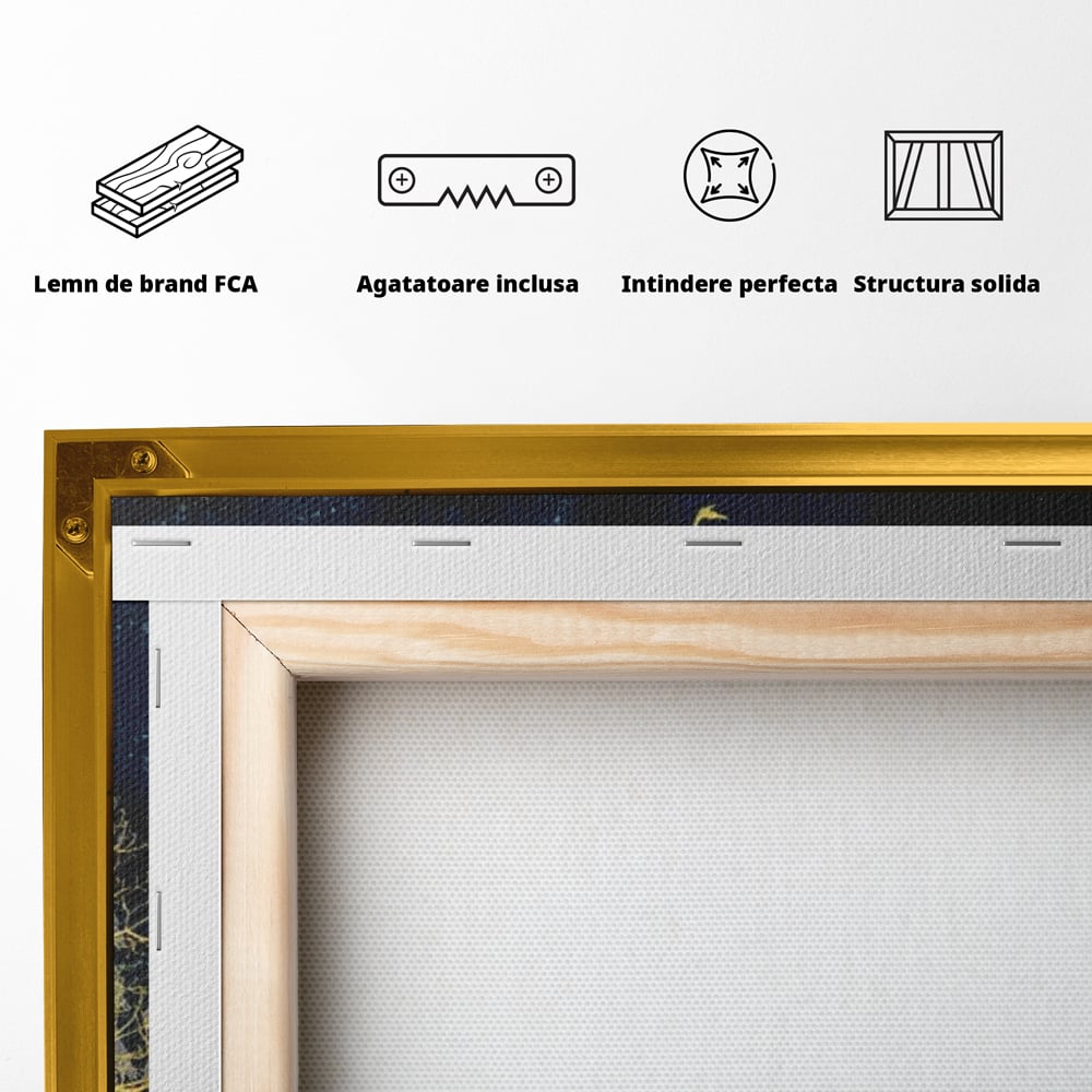 Tablou Canvas Premium, LuxCanva® M1043, Aur in Noapte, Padure, Pasari, Zbor, Copaci, Noapte, Auriu, Stele, Cer, Luna, Magie, Mister, Vis, Birou, Living, Camera Copil