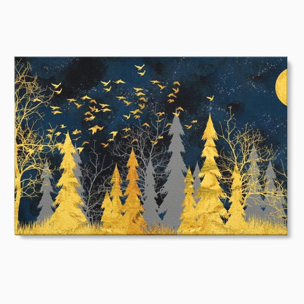 Tablou Canvas Premium, LuxCanva® M1043, Aur in Noapte, Padure, Pasari, Zbor, Copaci, Noapte, Auriu, Stele, Cer, Luna, Magie, Mister, Vis, Birou, Living, Camera Copil