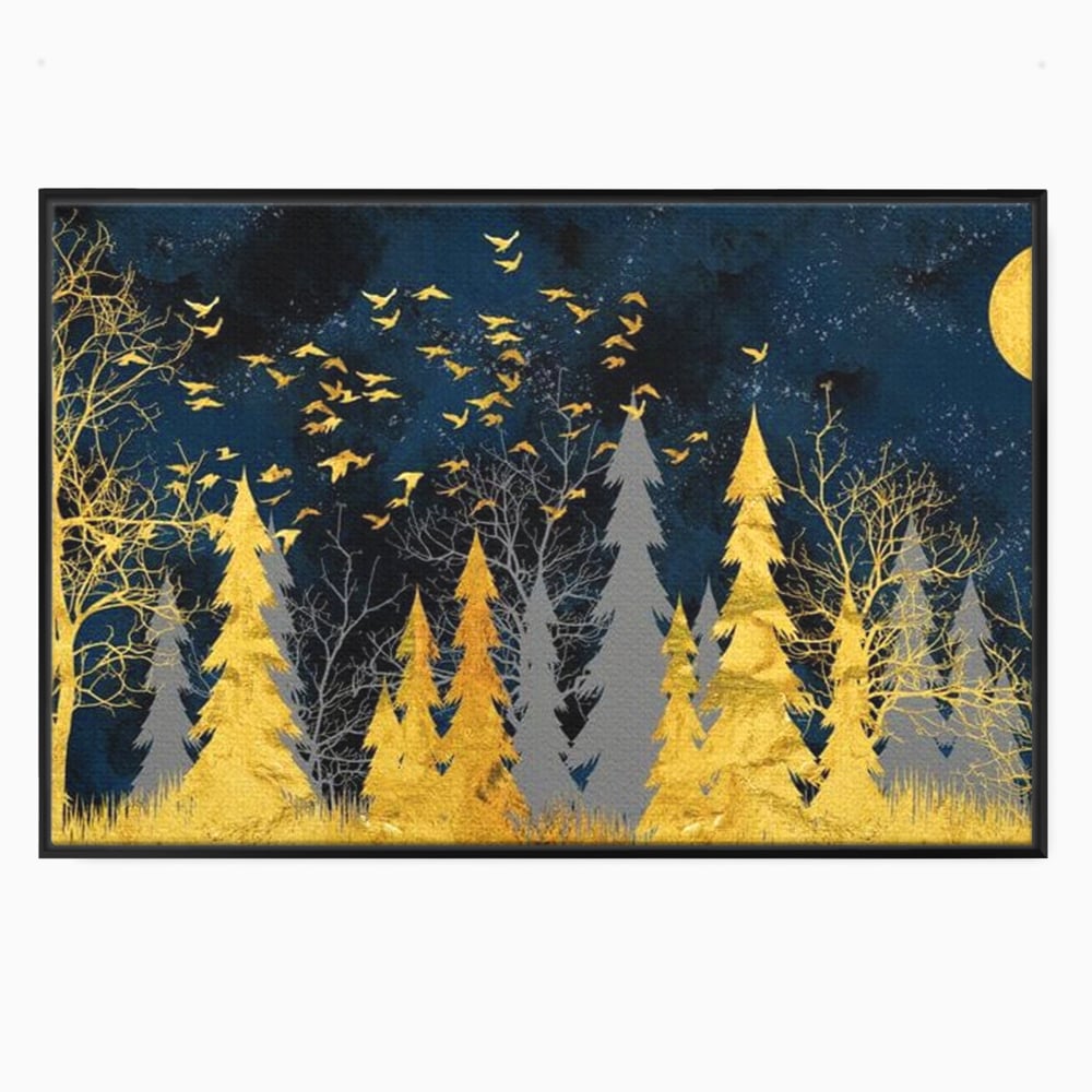 Tablou Canvas Premium, LuxCanva® M1043, Aur in Noapte, Padure, Pasari, Zbor, Copaci, Noapte, Auriu, Stele, Cer, Luna, Magie, Mister, Vis, Birou, Living, Camera Copil