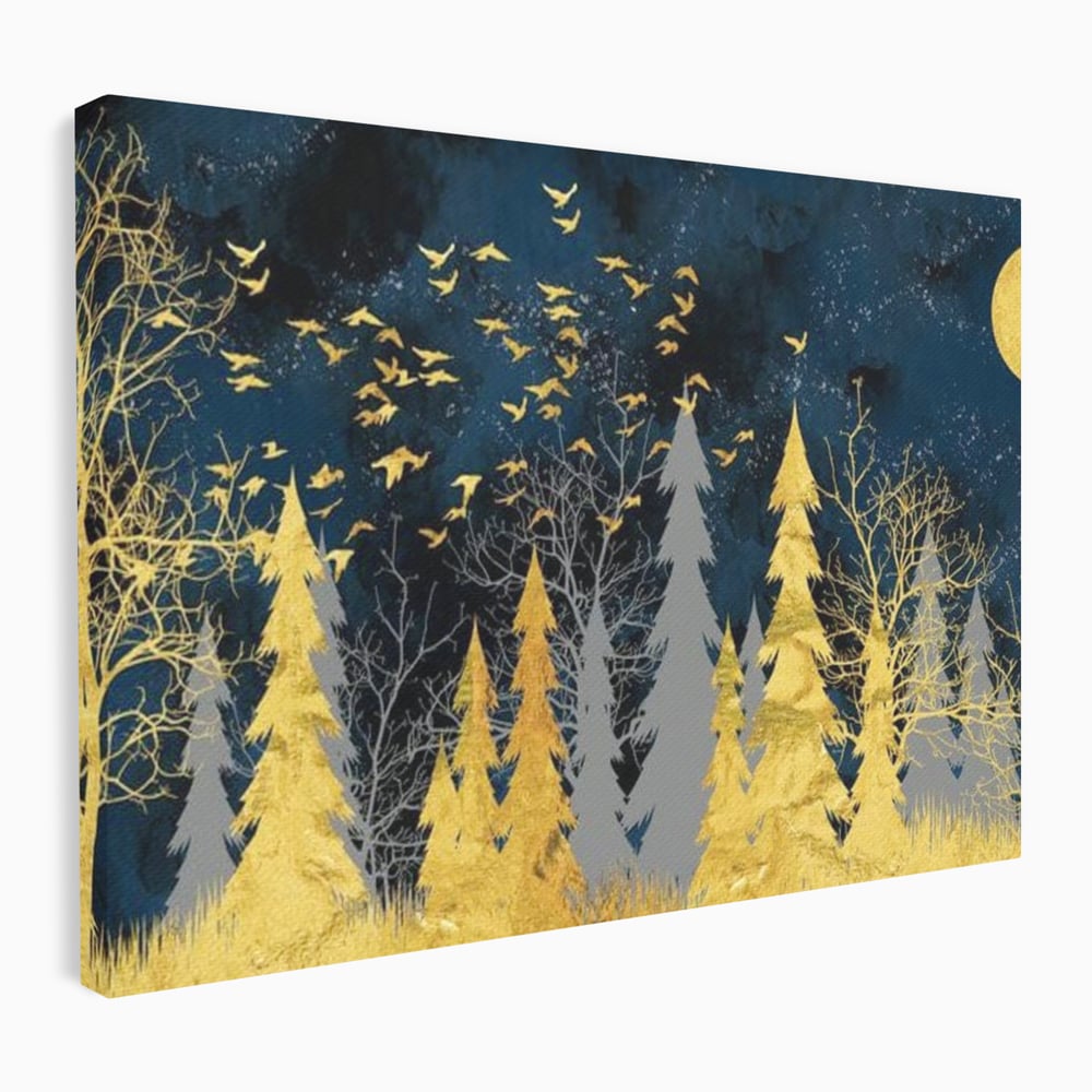 Tablou Canvas Premium, LuxCanva® M1043, Aur in Noapte, Padure, Pasari, Zbor, Copaci, Noapte, Auriu, Stele, Cer, Luna, Magie, Mister, Vis, Birou, Living, Camera Copil