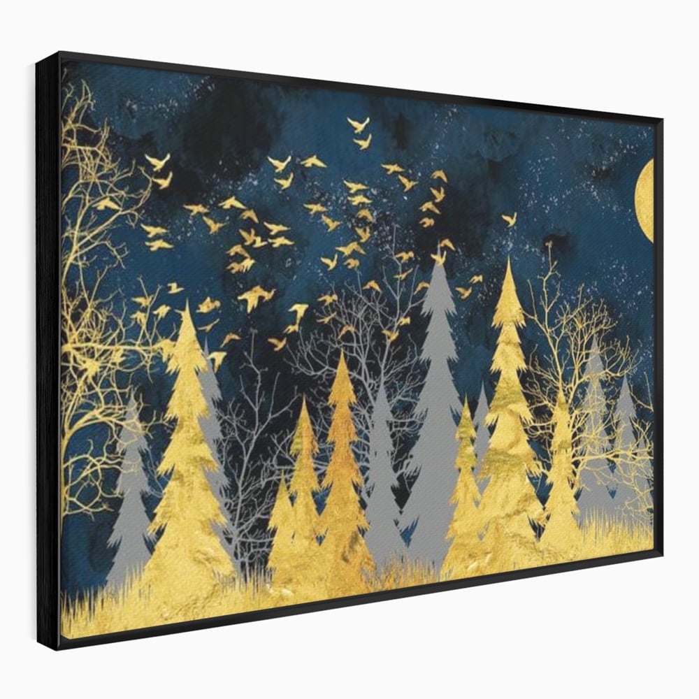 Tablou Canvas Premium, LuxCanva® M1043, Aur in Noapte, Padure, Pasari, Zbor, Copaci, Noapte, Auriu, Stele, Cer, Luna, Magie, Mister, Vis, Birou, Living, Camera Copil