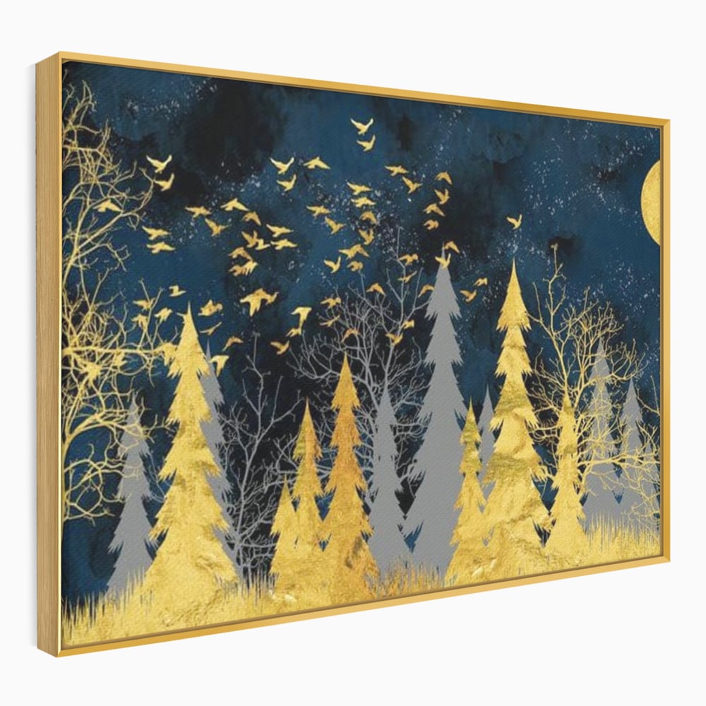 Tablou Canvas Premium, LuxCanva® M1043, Aur in Noapte, Padure, Pasari, Zbor, Copaci, Noapte, Auriu, Stele, Cer, Luna, Magie, Mister, Vis, Birou, Living, Camera Copil