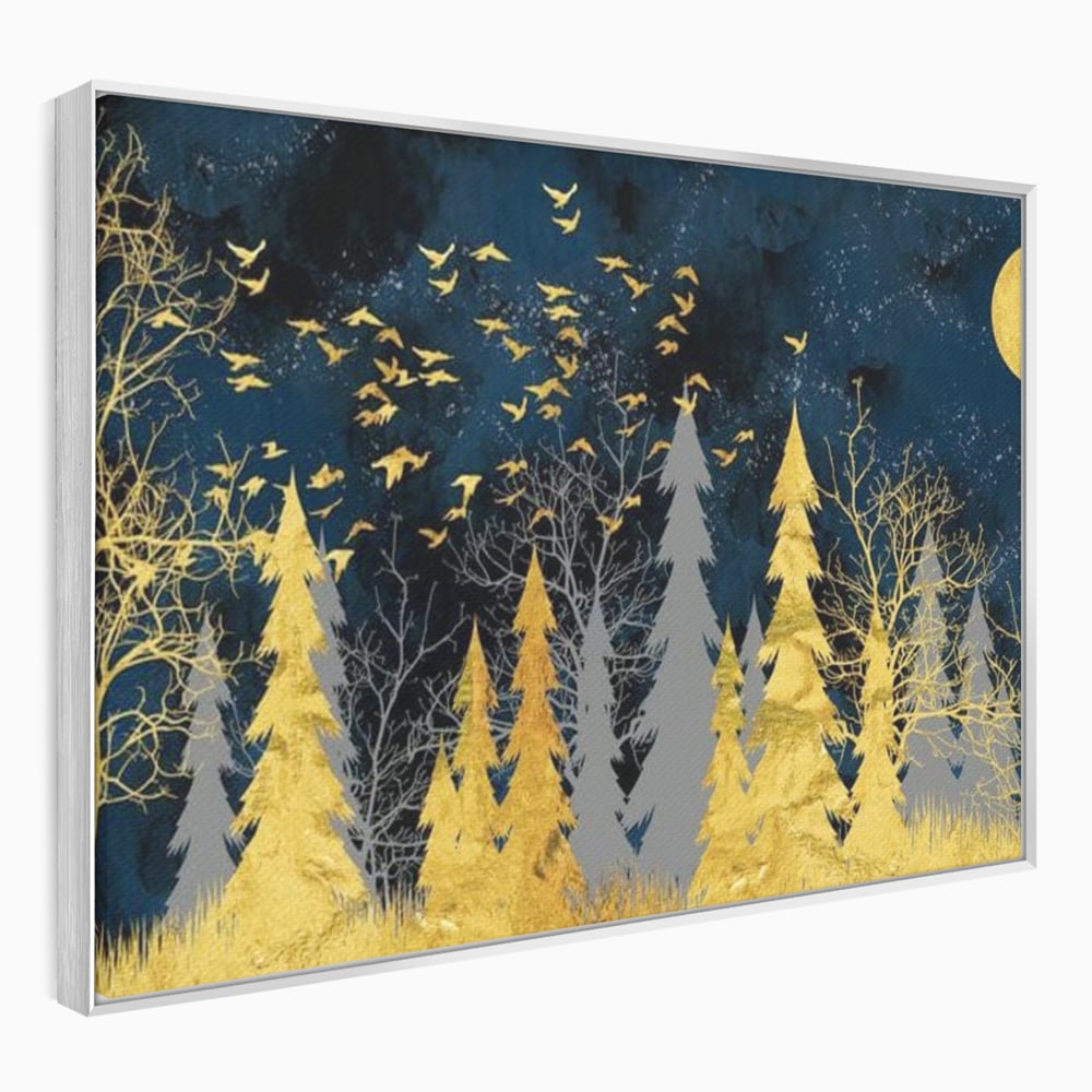 Tablou Canvas Premium, LuxCanva® M1043, Aur in Noapte, Padure, Pasari, Zbor, Copaci, Noapte, Auriu, Stele, Cer, Luna, Magie, Mister, Vis, Birou, Living, Camera Copil