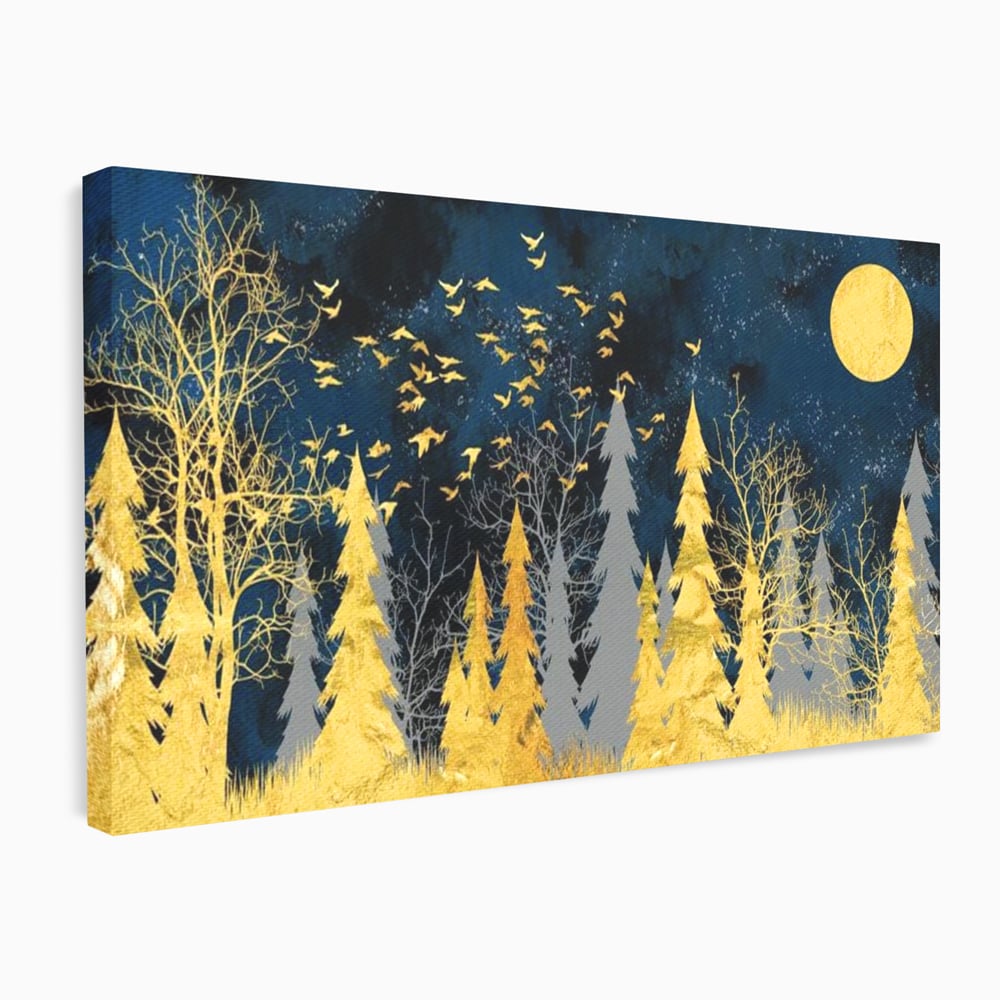 Tablou Canvas Premium, LuxCanva® M1043, Aur in Noapte, Padure, Pasari, Zbor, Copaci, Noapte, Auriu, Stele, Cer, Luna, Magie, Mister, Vis, Birou, Living, Camera Copil