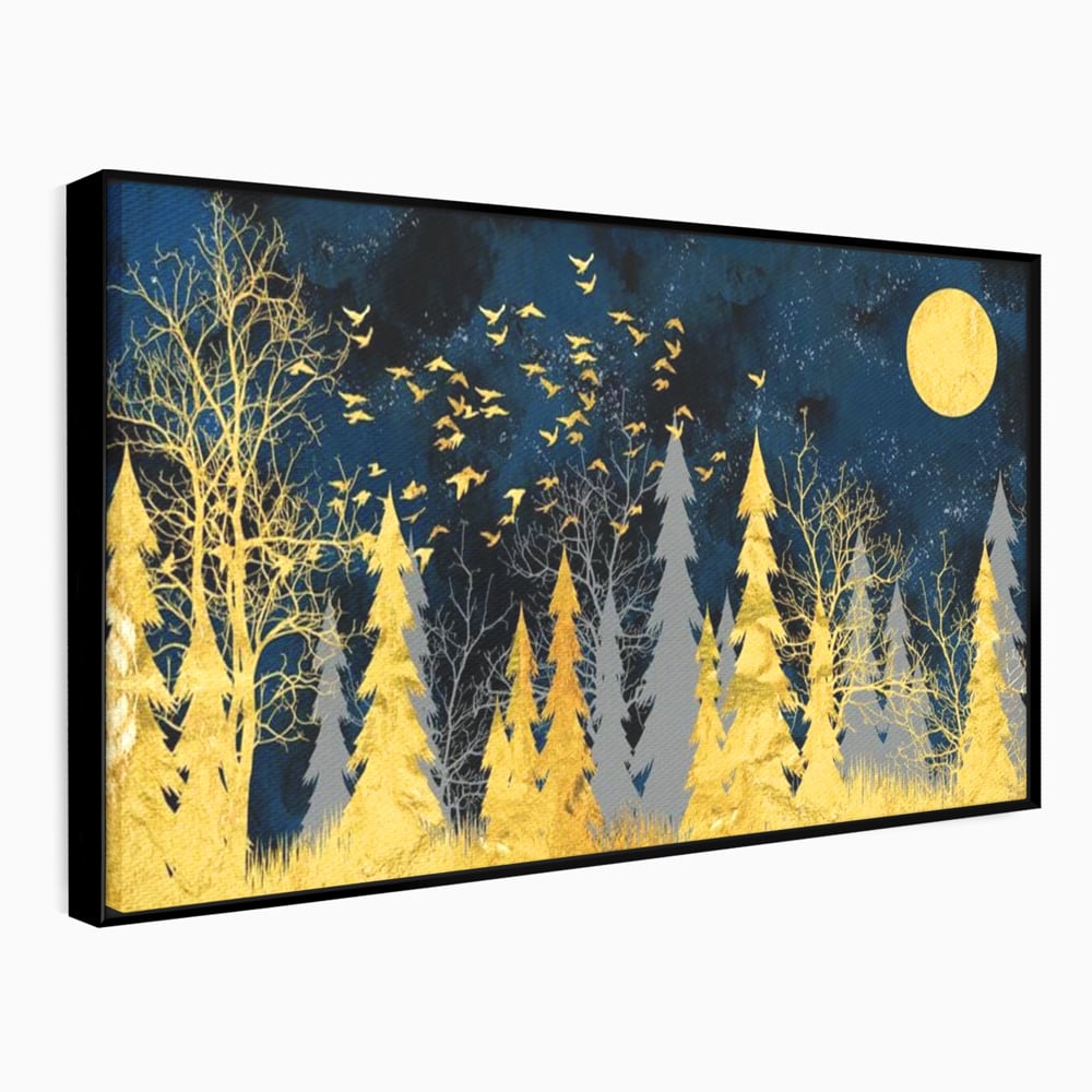 Tablou Canvas Premium, LuxCanva® M1043, Aur in Noapte, Padure, Pasari, Zbor, Copaci, Noapte, Auriu, Stele, Cer, Luna, Magie, Mister, Vis, Birou, Living, Camera Copil