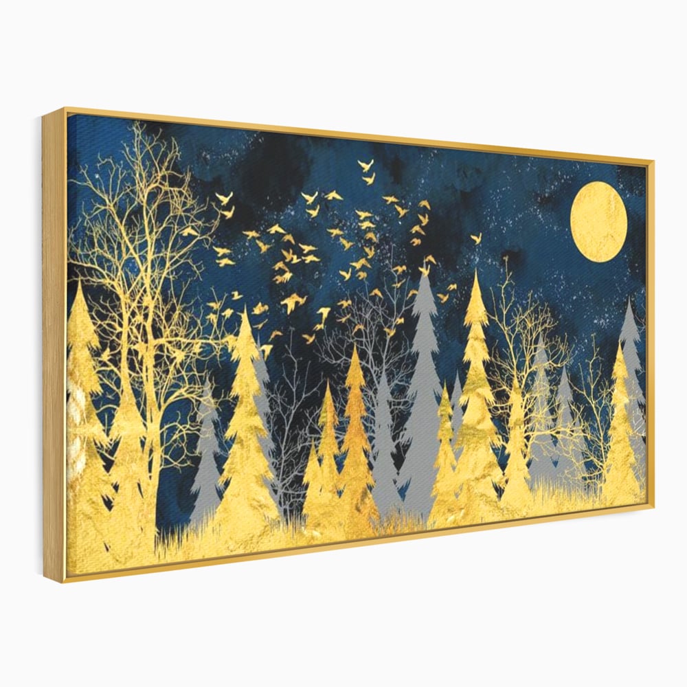 Tablou Canvas Premium, LuxCanva® M1043, Aur in Noapte, Padure, Pasari, Zbor, Copaci, Noapte, Auriu, Stele, Cer, Luna, Magie, Mister, Vis, Birou, Living, Camera Copil