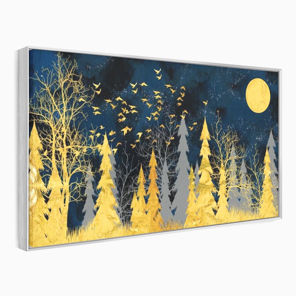 Tablou Canvas Premium, LuxCanva® M1043, Aur in Noapte, Padure, Pasari, Zbor, Copaci, Noapte, Auriu, Stele, Cer, Luna, Magie, Mister, Vis, Birou, Living, Camera Copil