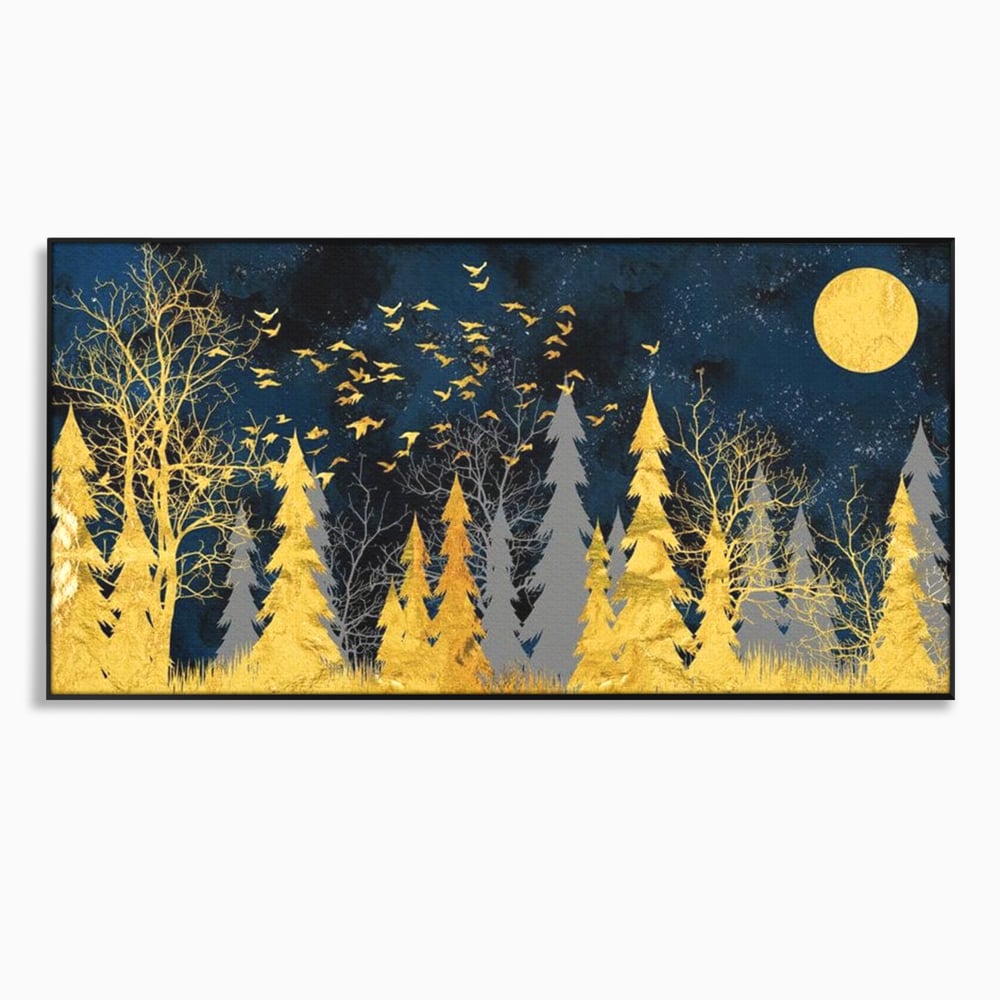 Tablou Canvas Premium, LuxCanva® M1043, Aur in Noapte, Padure, Pasari, Zbor, Copaci, Noapte, Auriu, Stele, Cer, Luna, Magie, Mister, Vis, Birou, Living, Camera Copil