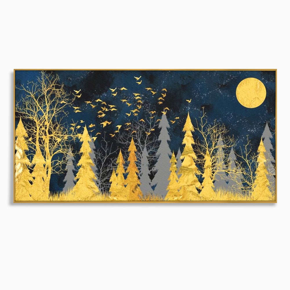 Tablou Canvas Premium, LuxCanva® M1043, Aur in Noapte, Padure, Pasari, Zbor, Copaci, Noapte, Auriu, Stele, Cer, Luna, Magie, Mister, Vis, Birou, Living, Camera Copil