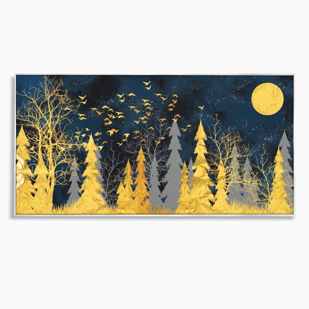 Tablou Canvas Premium, LuxCanva® M1043, Aur in Noapte, Padure, Pasari, Zbor, Copaci, Noapte, Auriu, Stele, Cer, Luna, Magie, Mister, Vis, Birou, Living, Camera Copil