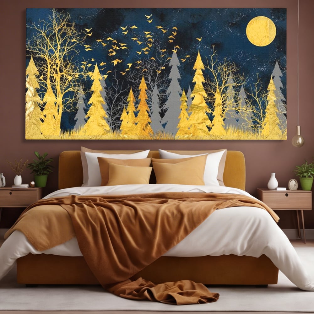 Tablou Canvas Premium, LuxCanva® M1043, Aur in Noapte, Padure, Pasari, Zbor, Copaci, Noapte, Auriu, Stele, Cer, Luna, Magie, Mister, Vis, Birou, Living, Camera Copil