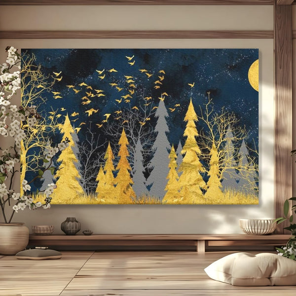 Tablou Canvas Premium, LuxCanva® M1043, Aur in Noapte, Padure, Pasari, Zbor, Copaci, Noapte, Auriu, Stele, Cer, Luna, Magie, Mister, Vis, Birou, Living, Camera Copil