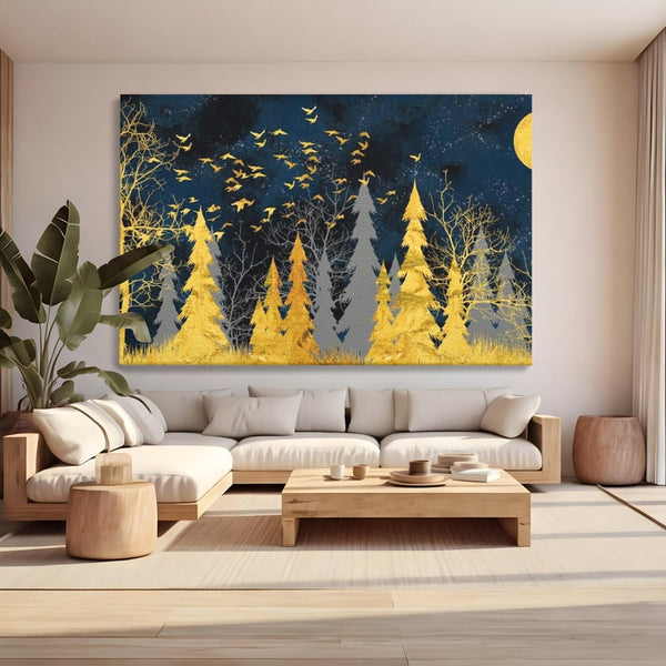 Tablou Canvas Premium, LuxCanva® M1043, Aur in Noapte, Padure, Pasari, Zbor, Copaci, Noapte, Auriu, Stele, Cer, Luna, Magie, Mister, Vis, Birou, Living, Camera Copil