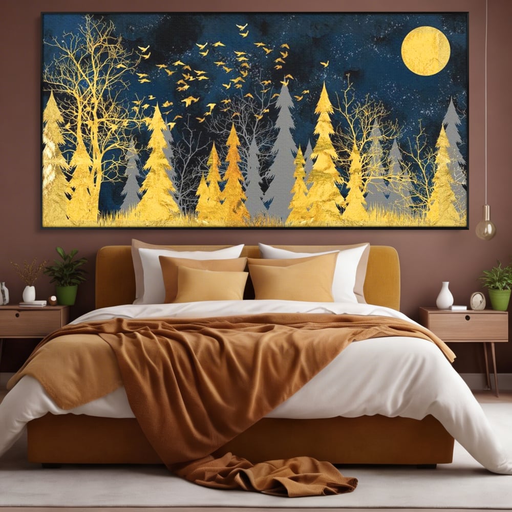 Tablou Canvas Premium, LuxCanva® M1043, Aur in Noapte, Padure, Pasari, Zbor, Copaci, Noapte, Auriu, Stele, Cer, Luna, Magie, Mister, Vis, Birou, Living, Camera Copil