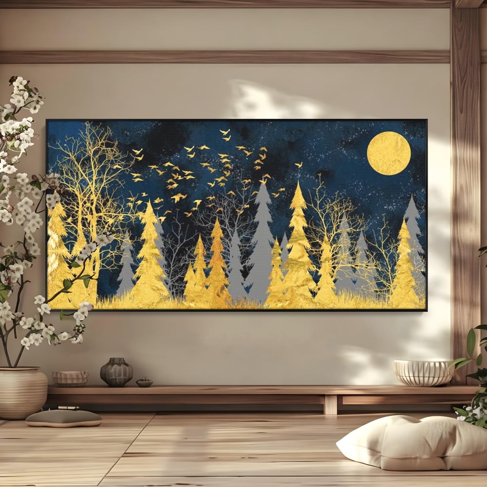Tablou Canvas Premium, LuxCanva® M1043, Aur in Noapte, Padure, Pasari, Zbor, Copaci, Noapte, Auriu, Stele, Cer, Luna, Magie, Mister, Vis, Birou, Living, Camera Copil