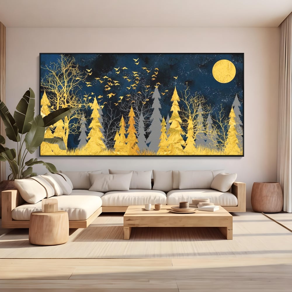 Tablou Canvas Premium, LuxCanva® M1043, Aur in Noapte, Padure, Pasari, Zbor, Copaci, Noapte, Auriu, Stele, Cer, Luna, Magie, Mister, Vis, Birou, Living, Camera Copil