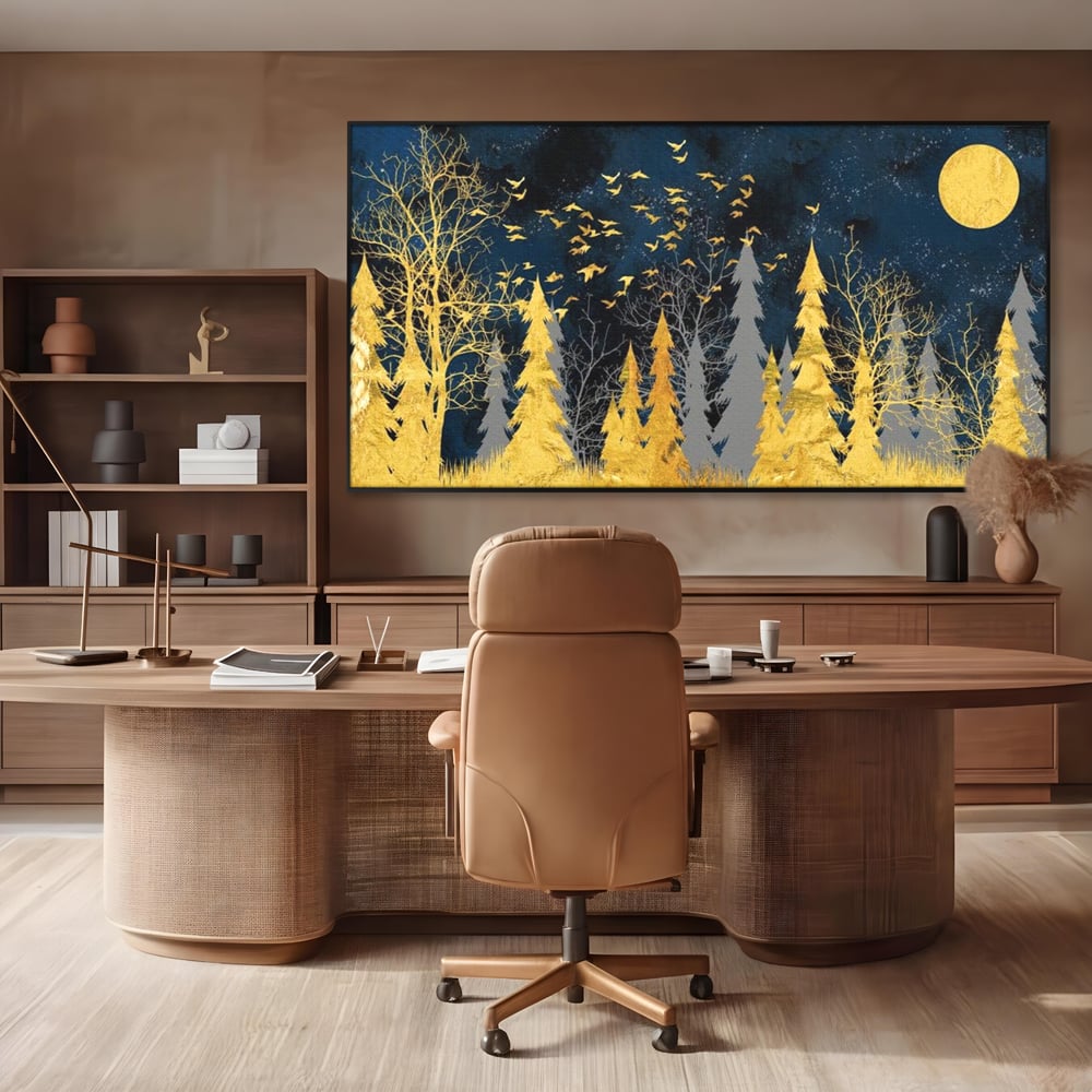 Tablou Canvas Premium, LuxCanva® M1043, Aur in Noapte, Padure, Pasari, Zbor, Copaci, Noapte, Auriu, Stele, Cer, Luna, Magie, Mister, Vis, Birou, Living, Camera Copil