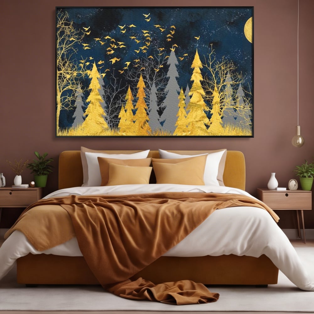 Tablou Canvas Premium, LuxCanva® M1043, Aur in Noapte, Padure, Pasari, Zbor, Copaci, Noapte, Auriu, Stele, Cer, Luna, Magie, Mister, Vis, Birou, Living, Camera Copil