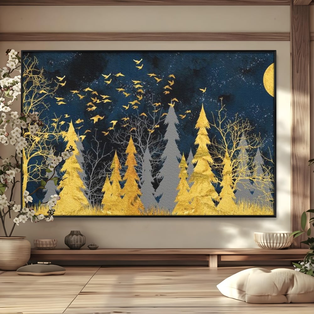 Tablou Canvas Premium, LuxCanva® M1043, Aur in Noapte, Padure, Pasari, Zbor, Copaci, Noapte, Auriu, Stele, Cer, Luna, Magie, Mister, Vis, Birou, Living, Camera Copil