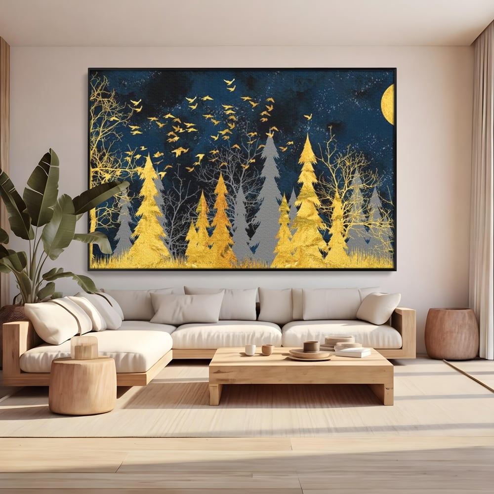 Tablou Canvas Premium, LuxCanva® M1043, Aur in Noapte, Padure, Pasari, Zbor, Copaci, Noapte, Auriu, Stele, Cer, Luna, Magie, Mister, Vis, Birou, Living, Camera Copil