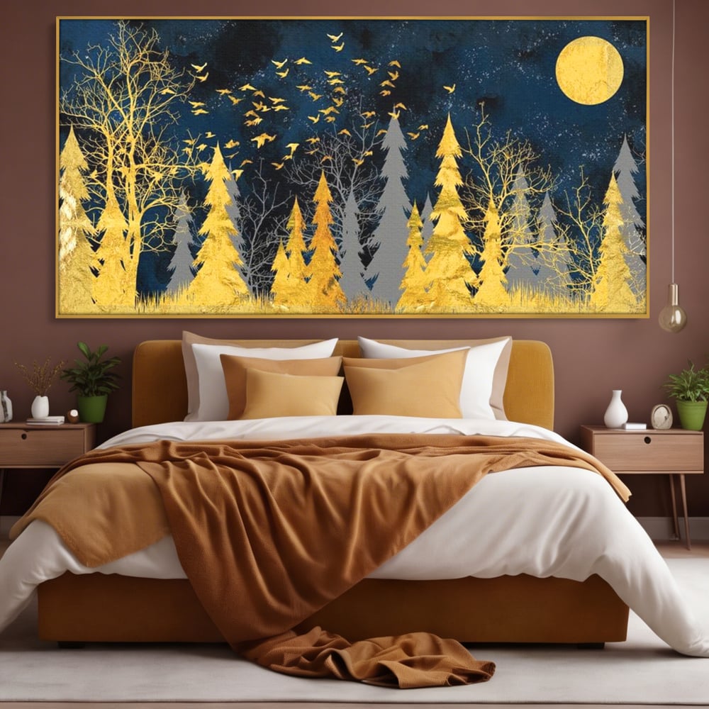 Tablou Canvas Premium, LuxCanva® M1043, Aur in Noapte, Padure, Pasari, Zbor, Copaci, Noapte, Auriu, Stele, Cer, Luna, Magie, Mister, Vis, Birou, Living, Camera Copil