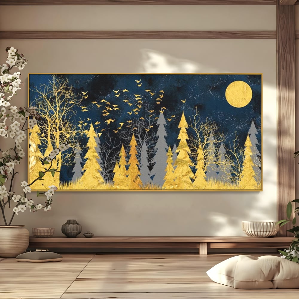 Tablou Canvas Premium, LuxCanva® M1043, Aur in Noapte, Padure, Pasari, Zbor, Copaci, Noapte, Auriu, Stele, Cer, Luna, Magie, Mister, Vis, Birou, Living, Camera Copil