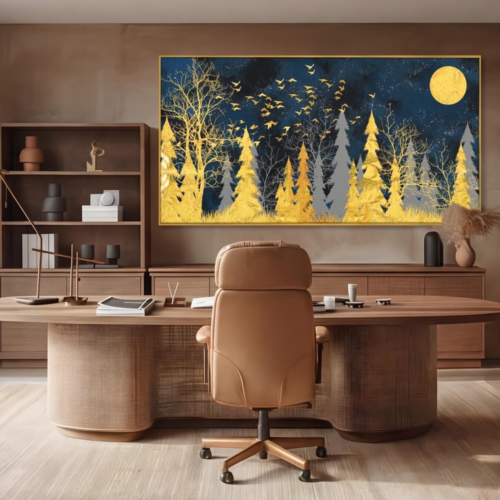 Tablou Canvas Premium, LuxCanva® M1043, Aur in Noapte, Padure, Pasari, Zbor, Copaci, Noapte, Auriu, Stele, Cer, Luna, Magie, Mister, Vis, Birou, Living, Camera Copil