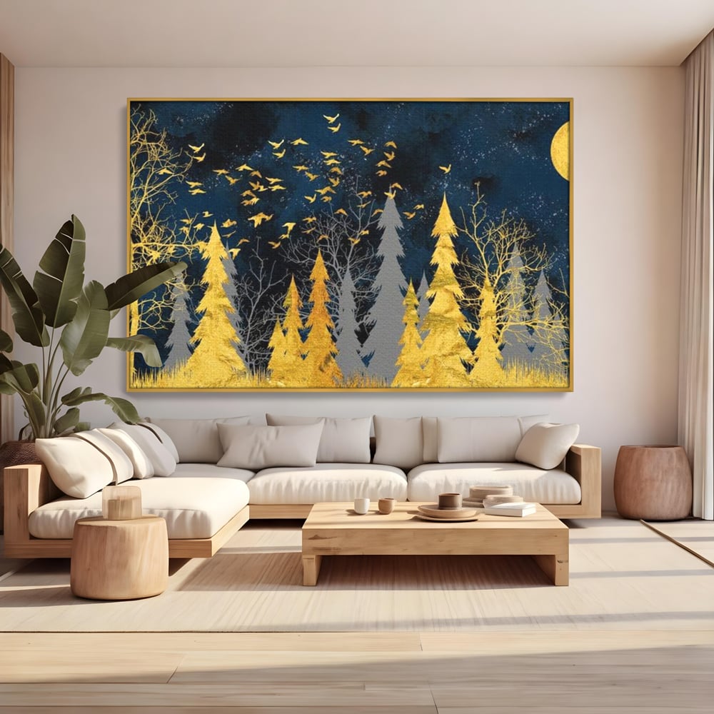 Tablou Canvas Premium, LuxCanva® M1043, Aur in Noapte, Padure, Pasari, Zbor, Copaci, Noapte, Auriu, Stele, Cer, Luna, Magie, Mister, Vis, Birou, Living, Camera Copil