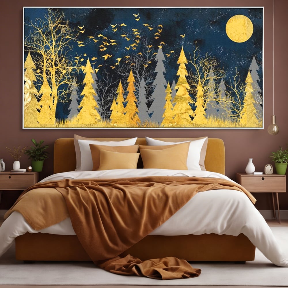 Tablou Canvas Premium, LuxCanva® M1043, Aur in Noapte, Padure, Pasari, Zbor, Copaci, Noapte, Auriu, Stele, Cer, Luna, Magie, Mister, Vis, Birou, Living, Camera Copil
